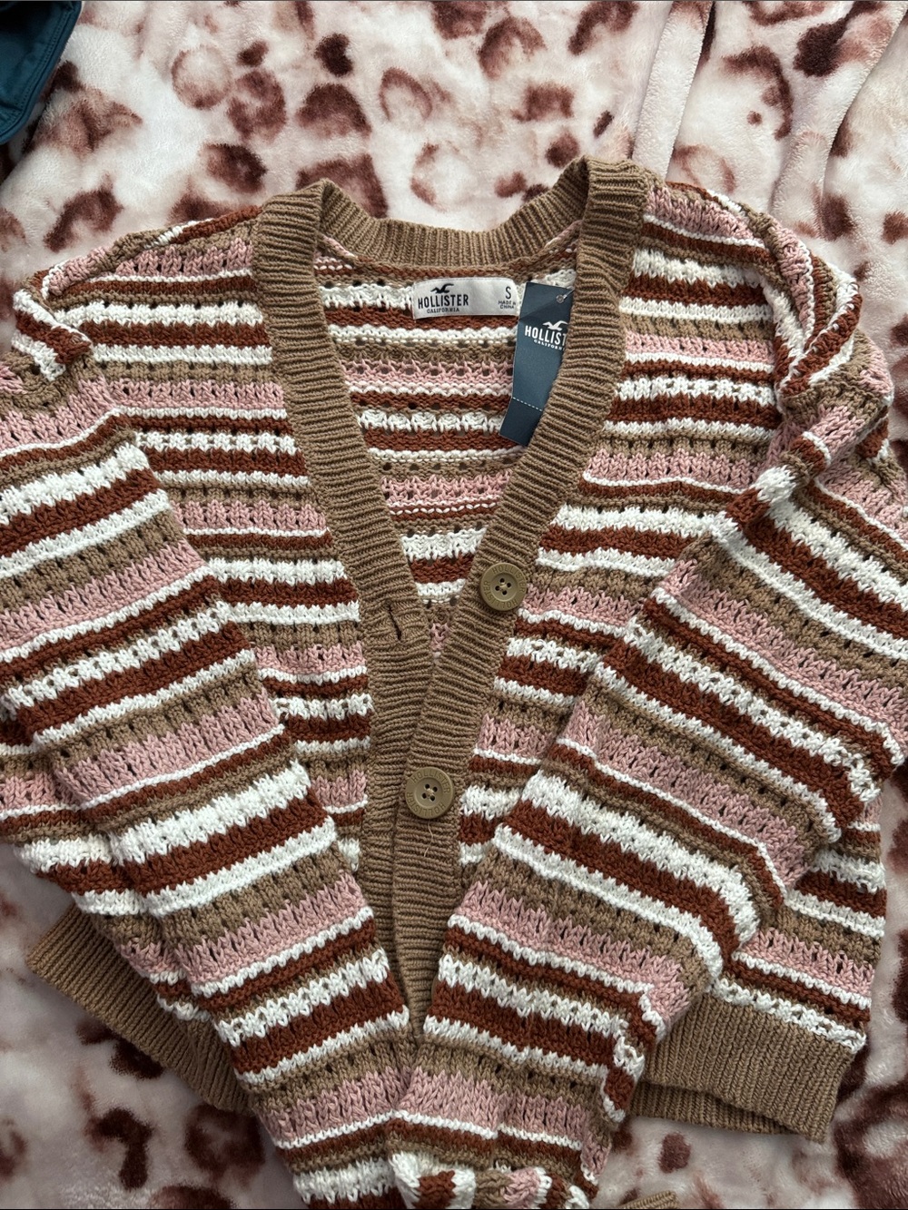Hollister Pink Brown Cream Striped V-Neck Button Cardigan